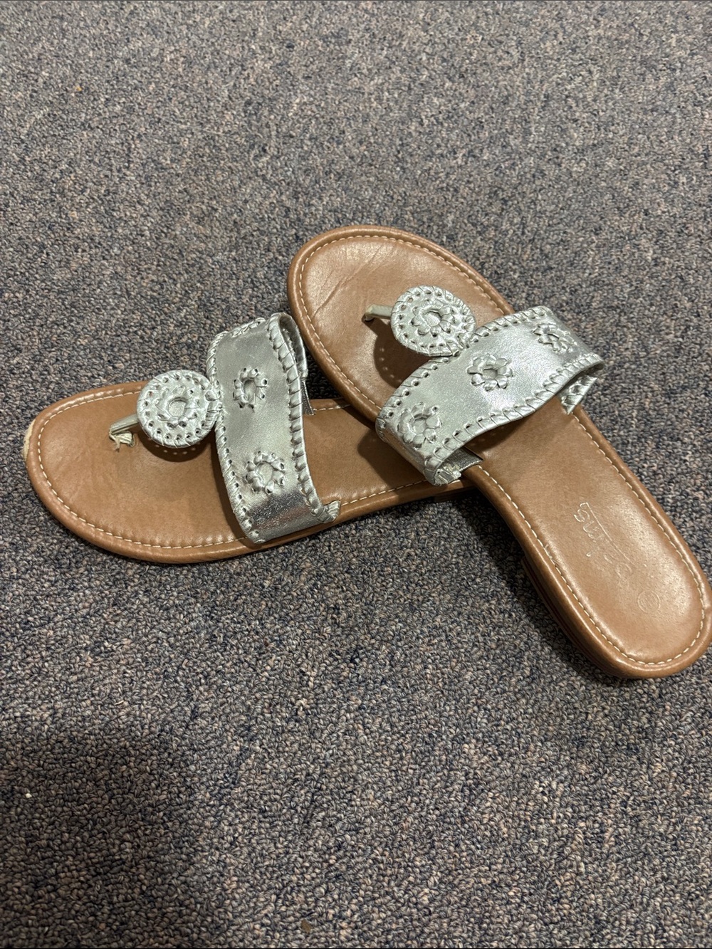 Women's Silver Toe-Ring Slide Sandals with Decorative Medallions